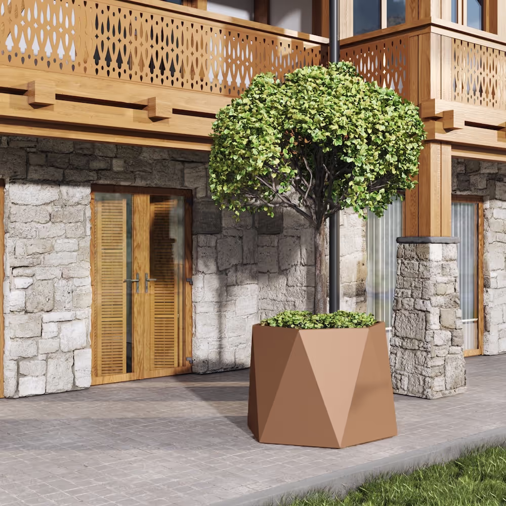 Rost Hexagon Artig Metall Pflanzengefäß mit Baum auf Terrasse