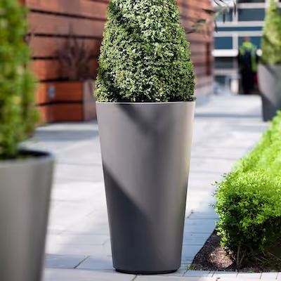 Anthrazitfarbene Swisspearl Alto Pflanzgefäße mit Büschen im Garten.