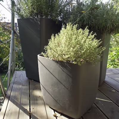 Drei Swisspearl Samurai Pflanzgefäße mit Pflanzen auf einer Holzterrasse.