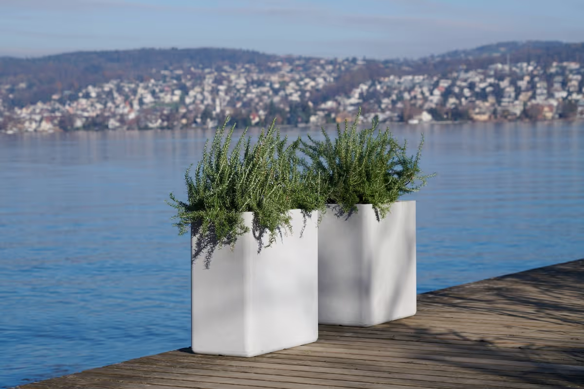 Zwei Swisspearl Sessanta Pflanzgefäße mit Farnen vor einem See.