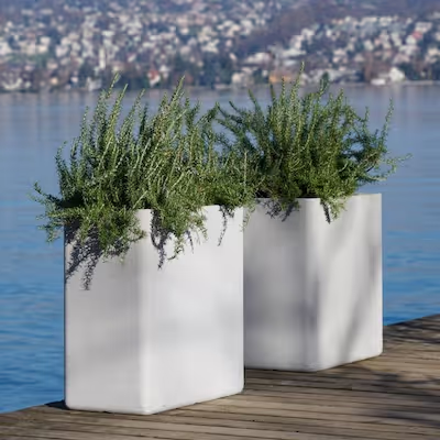 Zwei Swisspearl Sessanta Pflanzgefäße mit Farnen vor einem See.