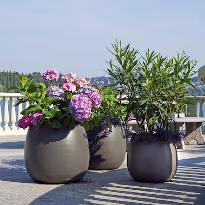 Drei Swisspearl Sumo Pflanzgefäße mit Blumen und einem kleinen Busch auf der Terrasse.